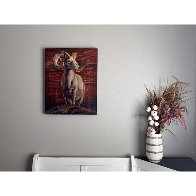 Crowned by the Wild by Terra Novak | Oil on wood of a ram against a wooden background For Sale - Image 4 of 4