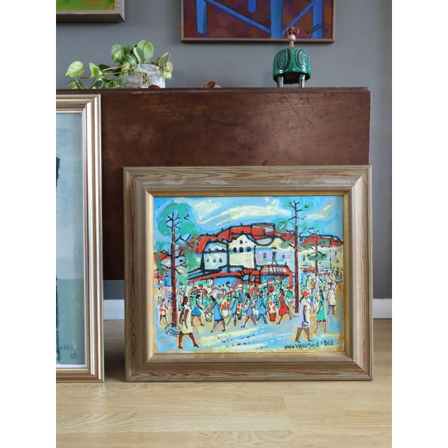 Mid-Century Modern 1965 Mid-Century Modern 'The Joyful Passage' Vintage Original Swedish Street Scene Oil Painting, Framed For Sale - Image 3 of 13
