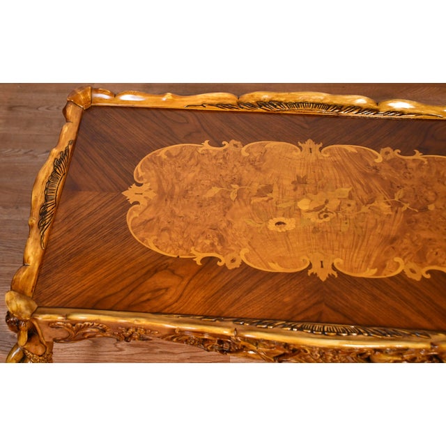 French 1930 French Walnut & Satinwood Inlay Carved Cherubs Hand Painted Coffee Table For Sale - Image 3 of 11