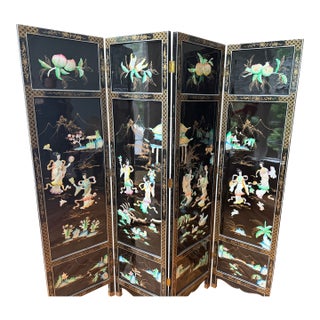 Vintage Chinese Black Lacquer 4-Panel Folding Screen Room Divider - Soapstone & Mother-of-Pearl Inlay For Sale