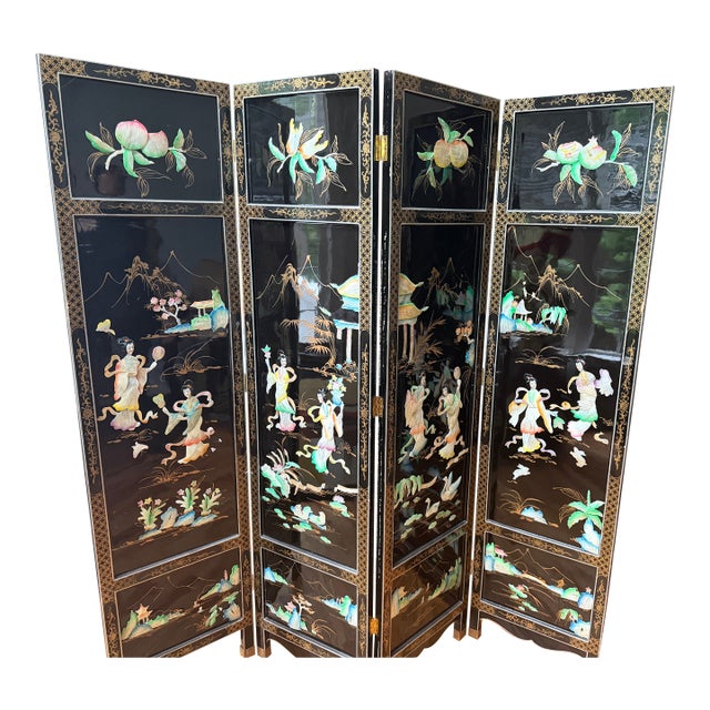 Vintage Chinese Black Lacquer 4-Panel Folding Screen Room Divider - Soapstone & Mother-of-Pearl Inlay For Sale