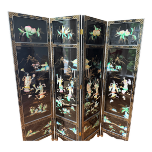 Vintage Chinese Black Lacquer 4-Panel Folding Screen Room Divider - Soapstone & Mother-of-Pearl Inlay