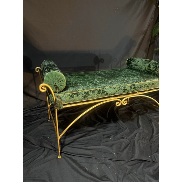 Vintage Hollywood Regency-Style Emerald Green Velvet and Gold-Tone Metal Bench For Sale - Image 10 of 11