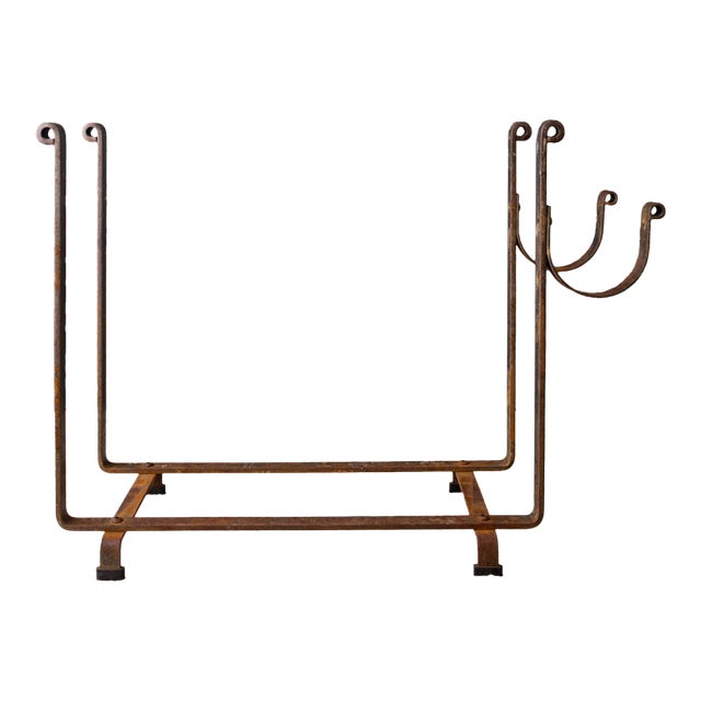 Large Hammered Steel Firewood and Kindling Rack With Rustic Patina For Sale