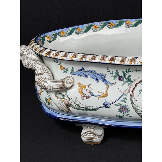 Antique French Hand Painted Faience Jardiniere with Tree Branch Handles, 1880s For Sale - Image 3 of 11