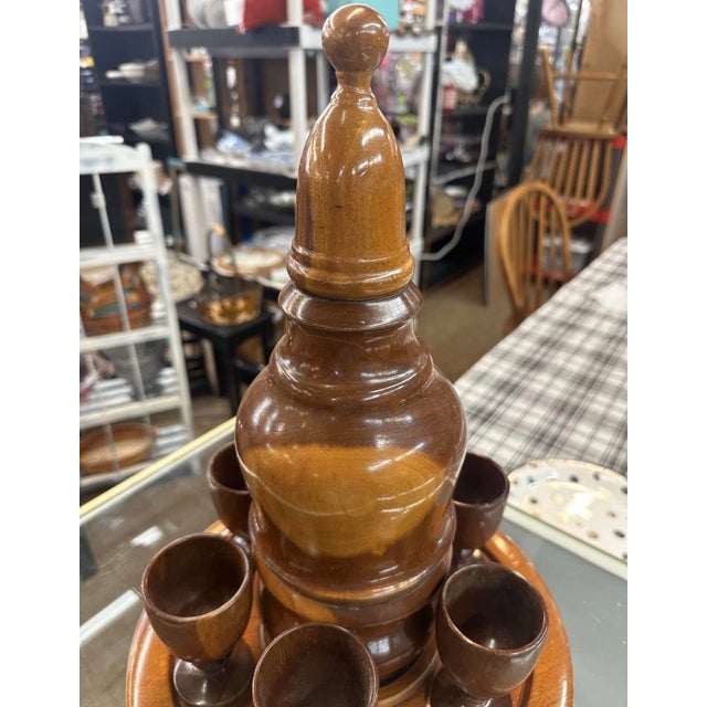 Traditional 1950s Wooden Cordial/Sake Set With 6 Cups, Tray, and Decanter For Sale - Image 3 of 10