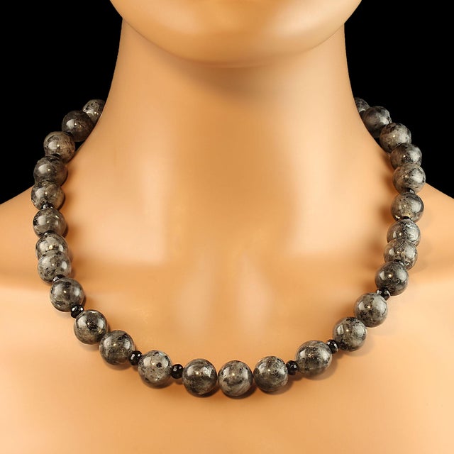 Elegant Rare Larvikite and Black Onyx Necklace with Bali Silver Clasp Discover the beauty of our stunning necklace...