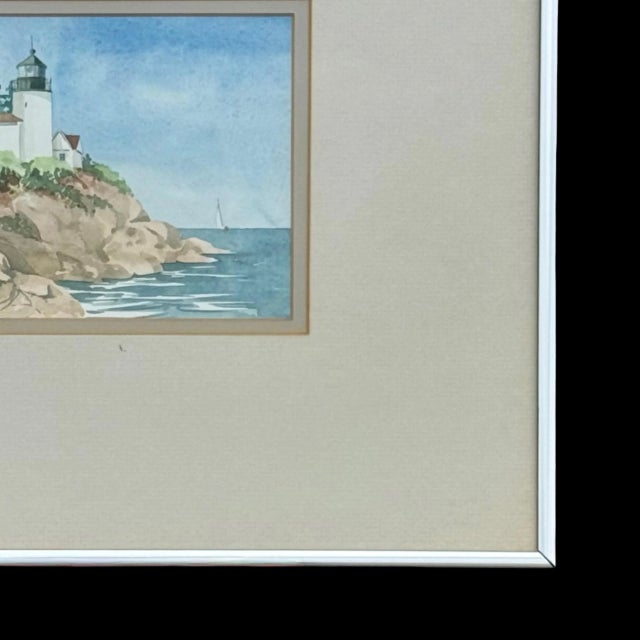 Blue Vintage Coastal Watercolor Bass Harbor Maine Lighthouse Painting - Signed “Sabaka” For Sale - Image 8 of 10
