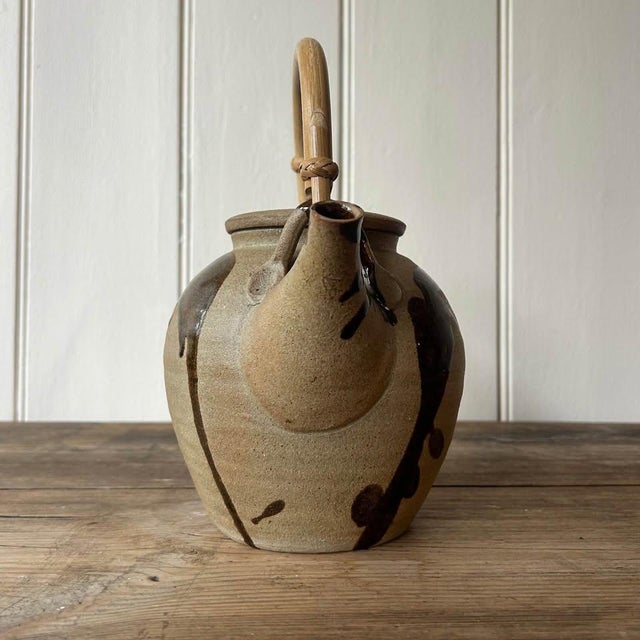 Large Vintage Japanese Inspired Teapot with Brown Drip Glaze Decoration and Cane Handle, 1960s For Sale - Image 3 of 9