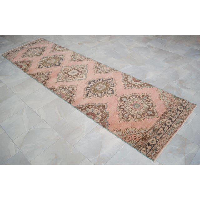 1960s Distressed Oushak Runner Rug Faded Colors Low Pile Pink Hallway Decor - 3'1″x 12'5″ For Sale - Image 5 of 12