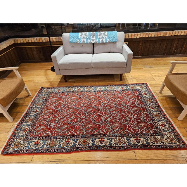 Vintage Persian Qum Area Rug, Hand-Knotted Wool, Allover Paisley & Vine Pattern, 5x7, Red & Ivory For Sale - Image 9 of 18