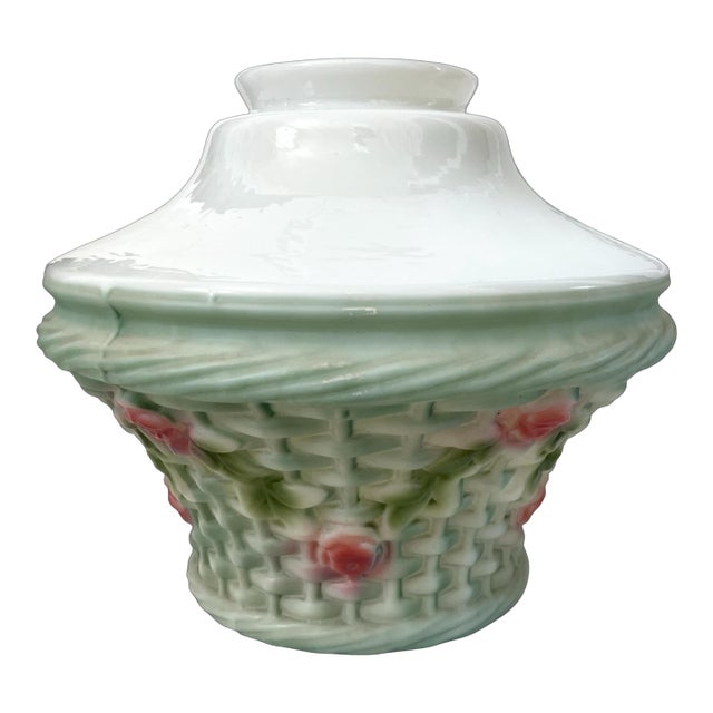 1920s Rare Phoenix/Consolidate Hand Painted Glass Basket Lamp Shade Nicholas Kopp For Sale