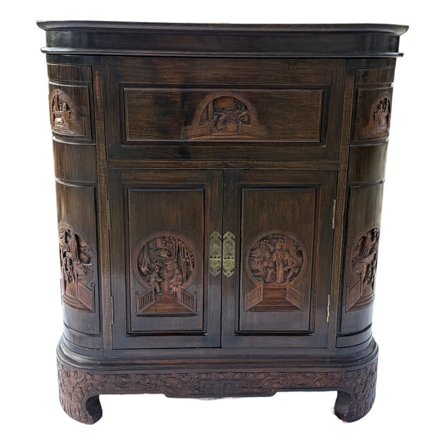 Mid-Century Chinese Hand-Carved Altar Cocktail Bar Cabinet by Hk Old Mary Sing Shun Co. - No. 9143 (With Original Catalog) For Sale