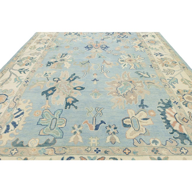 Blue Modern Hand-Knot Oushak Style Light Blue & Soft Earth Tone Floral Wool Area Rug For Sale - Image 8 of 12