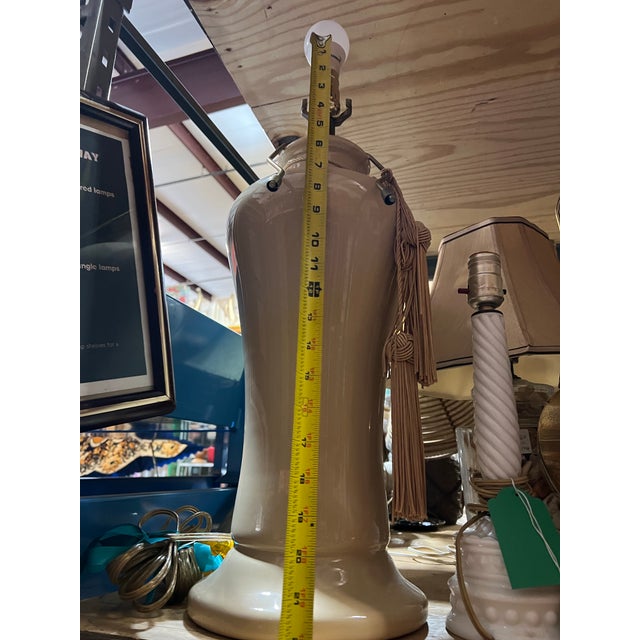 1970s Mid-Century Modern Ceramic Table Lamps With Light Pink Tassels - a Pair For Sale - Image 10 of 11