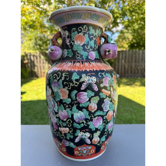 Vintage Chinese Ceramic Vase W/Butterflies, Flowers & Pomegranate Fruit Handles For Sale - Image 9 of 16