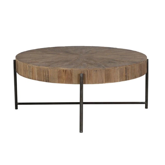 Round walnut finish salvaged elm wood coffee table on iron X base. Modern meets rustic. Each unique in exact tones, grain,...