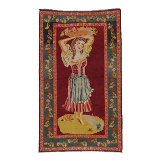 Vintage Turkish Bessarabian Pictorial Rug With Maiden and Florals - Rug & Kilim For Sale