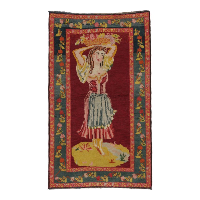 Vintage Turkish Bessarabian Pictorial Rug With Maiden and Florals - Rug & Kilim For Sale
