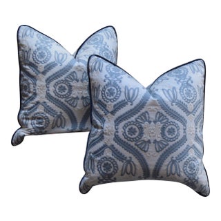 New Blue and White Embroidered Damask Throw Pillows 22in. X 22in. - a Pair For Sale