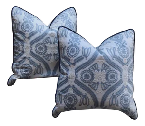 New Blue and White Embroidered Damask Throw Pillows 22in. X 22in. - a Pair