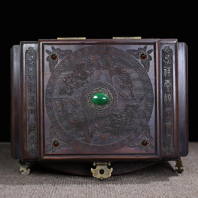 Brown 1970s Wood Jewelry Box With Dragon & Phoenix Carving and Gemstone Inlay For Sale - Image 8 of 10
