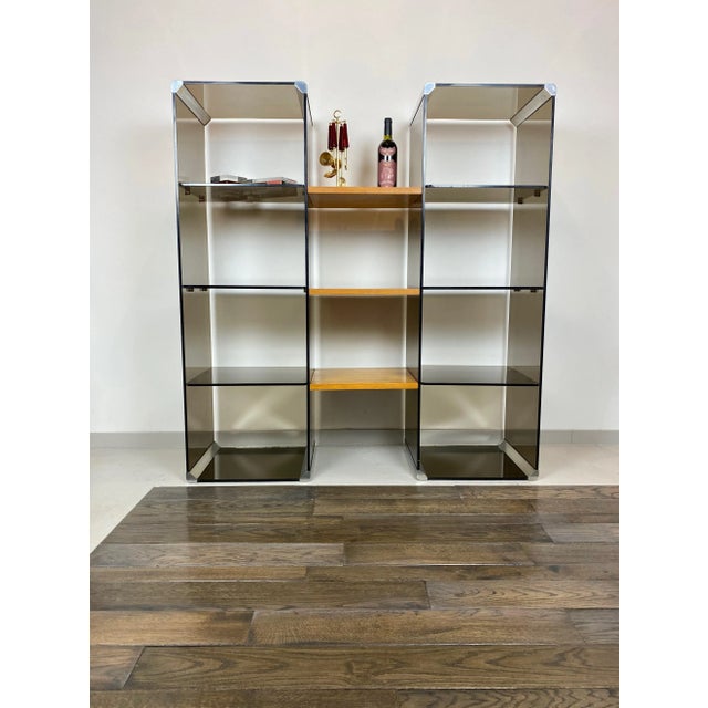 Gray Chrome, Smoked Glass & Wood Bookshelf Étagère by Gallotti & Radice, Italy, 1970s For Sale - Image 8 of 15