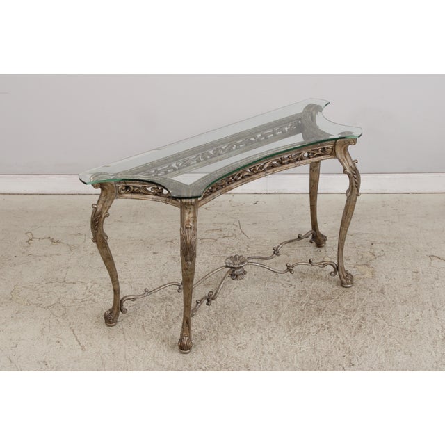 Vintage Silver Finish Glass Top Console Table For Sale - Image 4 of 18