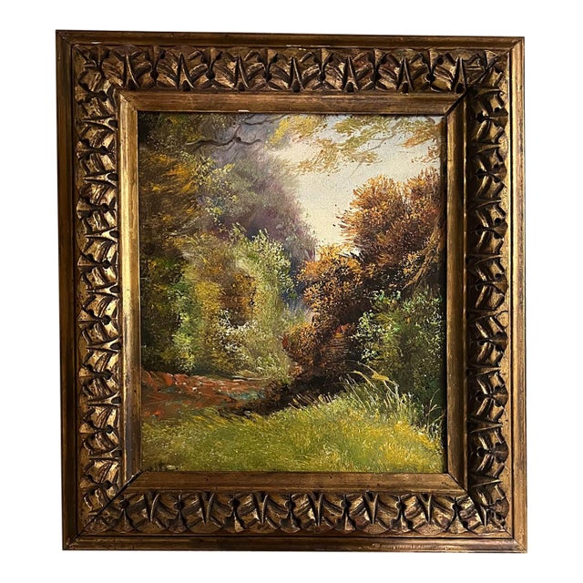 Antique French Landscape Oil Painting in Gesso Frame For Sale