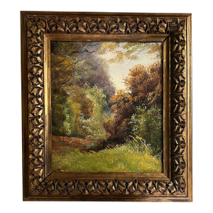 Antique French Landscape Oil Painting in Gesso Frame