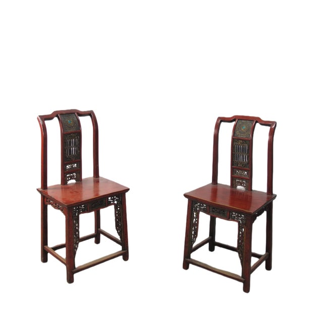Late 19th Century Pair Antique Chinese Blue Eye Side Chairs For Sale - Image 5 of 12