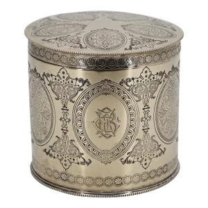 19th Century Monogrammed Biscuit Barrel, English Silver Plate, Maker Roberts & Belk