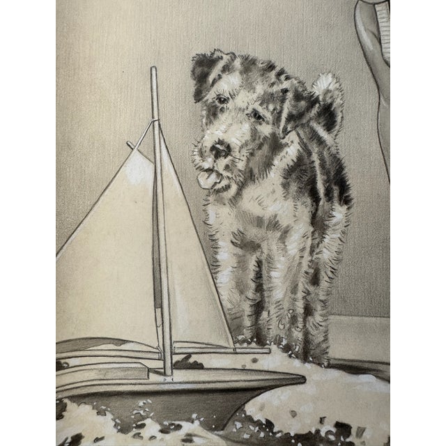 American 1940s Original Signed Graphite Illustration of Child With Toy Sailboat and Dog, 13 × 10.5 In. For Sale - Image 3 of 6