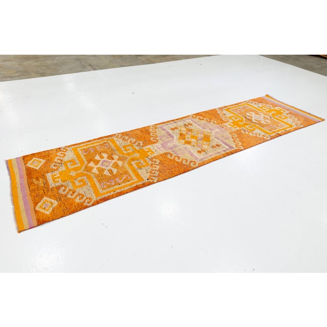 Orange Vintage Turkish Wool Runner With Tribal Geometry Design For Sale - Image 4 of 9