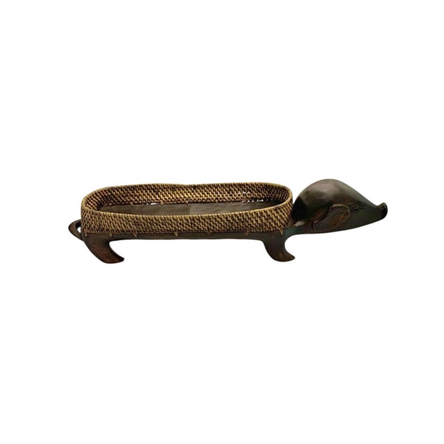 Pig Serving Tray Carved Wood With Wicker Rim Vintage French Country Decor For Sale - Image 4 of 9