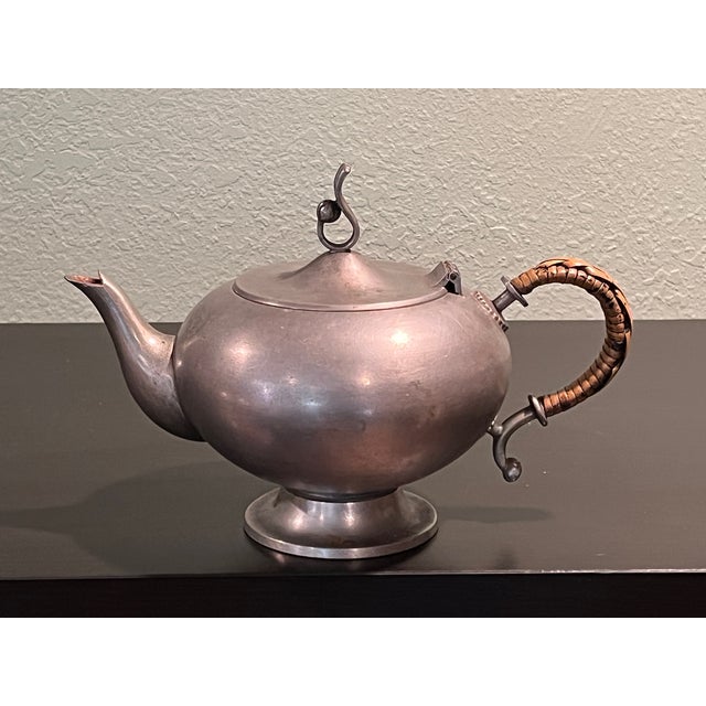 Vintage 1936 Swedish Art Deco Pewter Teapot Gab Rattan Handle Scandia Metalware For Sale In San Francisco - Image 6 of 6