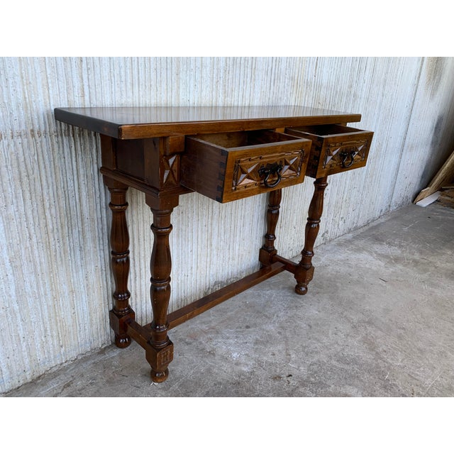 Wood 20th Century Spanish Tuscan Console Table With Two Drawers and Turned Legs For Sale - Image 7 of 13