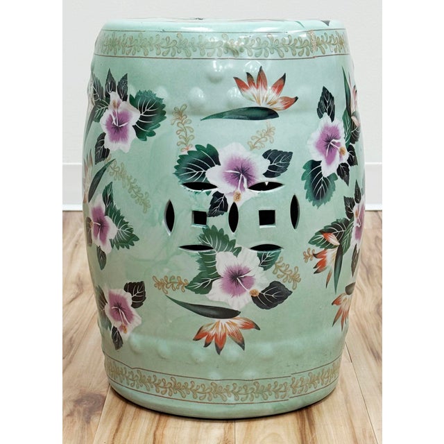 Vintage Chinoiserie Mint Green Floral Motif Garden Stool For Sale - Image 4 of 9