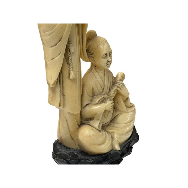 Cream Vintage Asian Cow Bone Carved Lady W Gentleman Music Playing Figure Art For Sale - Image 8 of 11