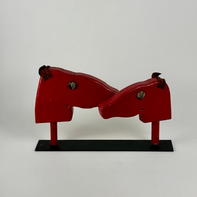 Vintage Farmhouse Double Wooden Horse Heads Sculpture in Red, Kids Decor For Sale - Image 10 of 11