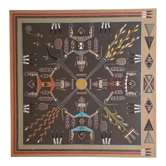 Vintage Nelson Lewis Navajo Sand Painting - "Thunders and Water Monster" - 24" X 24" For Sale