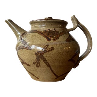Vintage Danish Studio Pottery Teapot with Dragonfly Glaze Motif Decoration by Elsa Benattar, 1970s For Sale