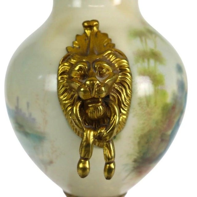 French French Sevres Scenic Painted & Artist Signed Porcelain Lamp, Lion Head Handles For Sale - Image 3 of 14