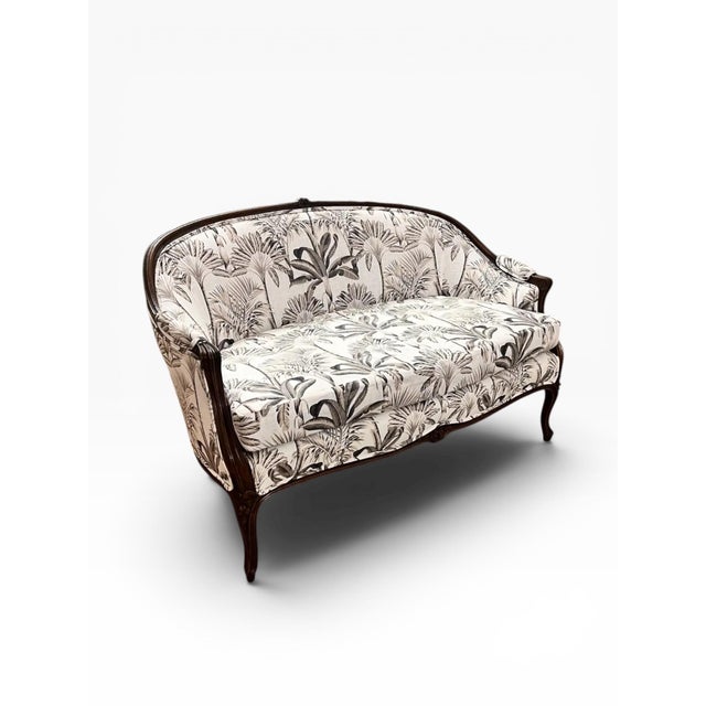 Victorian French Louis XV Style Carved Walnut Settee Newly Upholstered in Tropical Botanical Cotton For Sale - Image 3 of 12