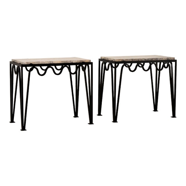 Méandre' Black Iron and Silver Travertine Side Tables by Design Frères - a Pair For Sale