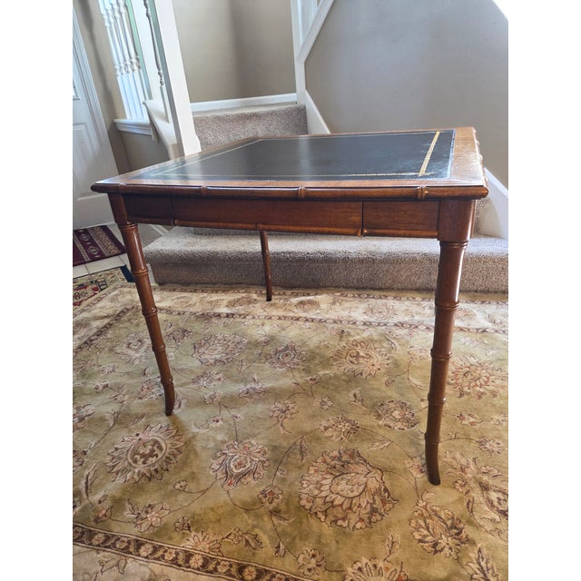 Mid 20th Century Vintage Drexel Faux Bamboo Chippendale Style Leather Top Game Table For Sale - Image 5 of 14