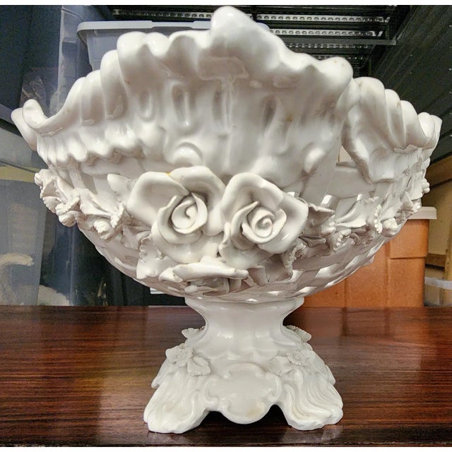Vintage Italian White Glazed Fine Ceramic Footed Oval Fruit Basket: With Reticulated Sides Fashioned as Lattice With...