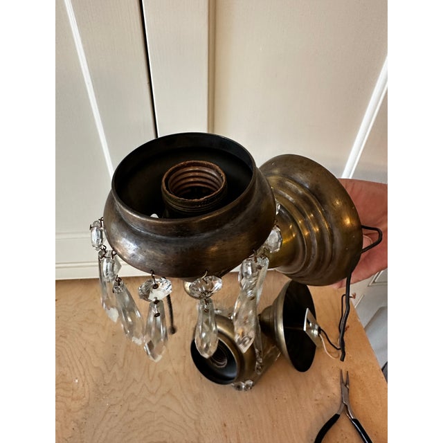 Old Lights On is pleased to offer this pair of vintage brass wall sconces with prisms. They are wired and ready install....