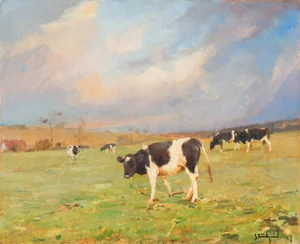 'Cattle Grazing in a Pasture' by Gunnar Bundgaard, Impressionist Landscape, 1957