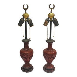 18th Century Pair of Chinese Qing Dynasty Cinnabar Vases Mounted as Lamps - Pair For Sale